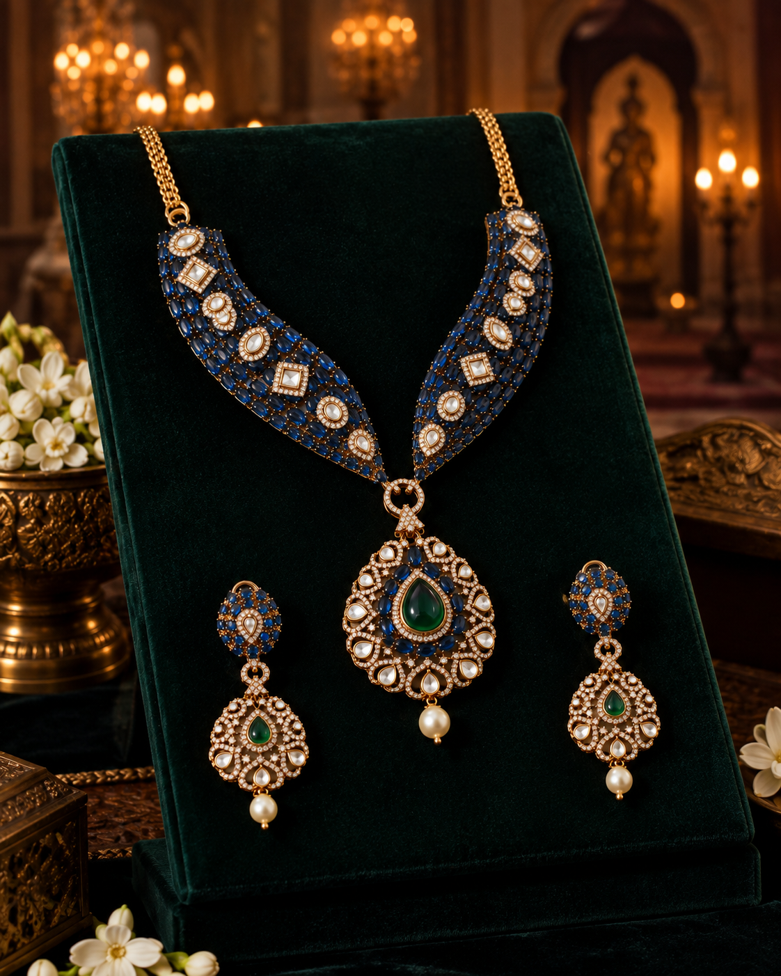Sapphire Emerald Heritage Gold-Plated American Diamond Necklace Set