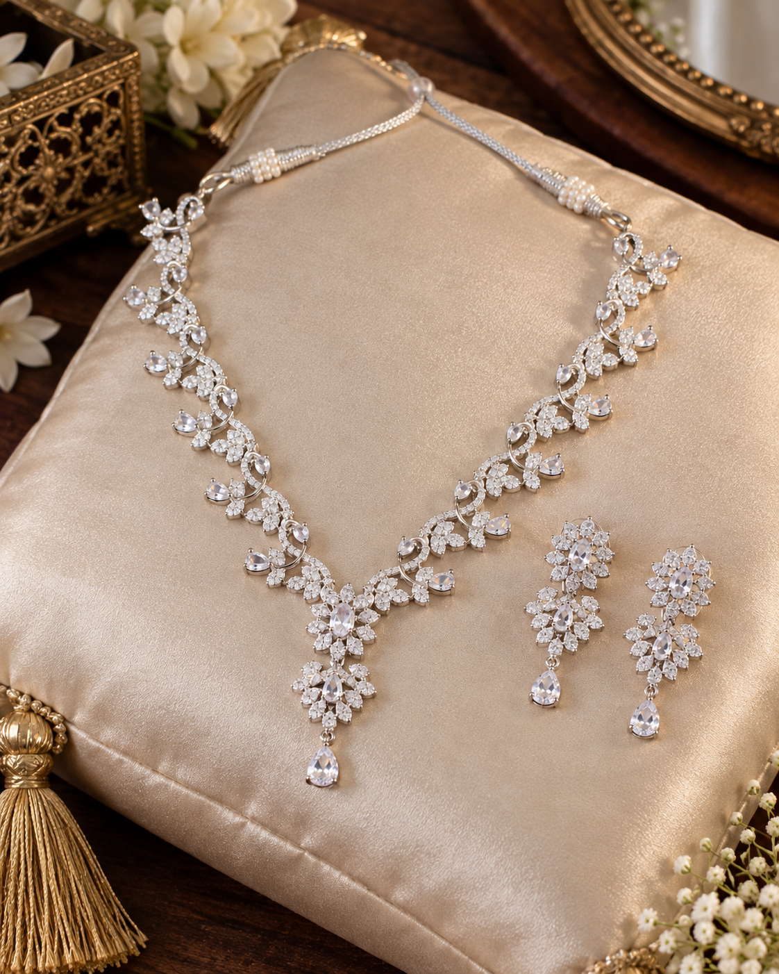 Clear Floral Snowflake Necklace Set