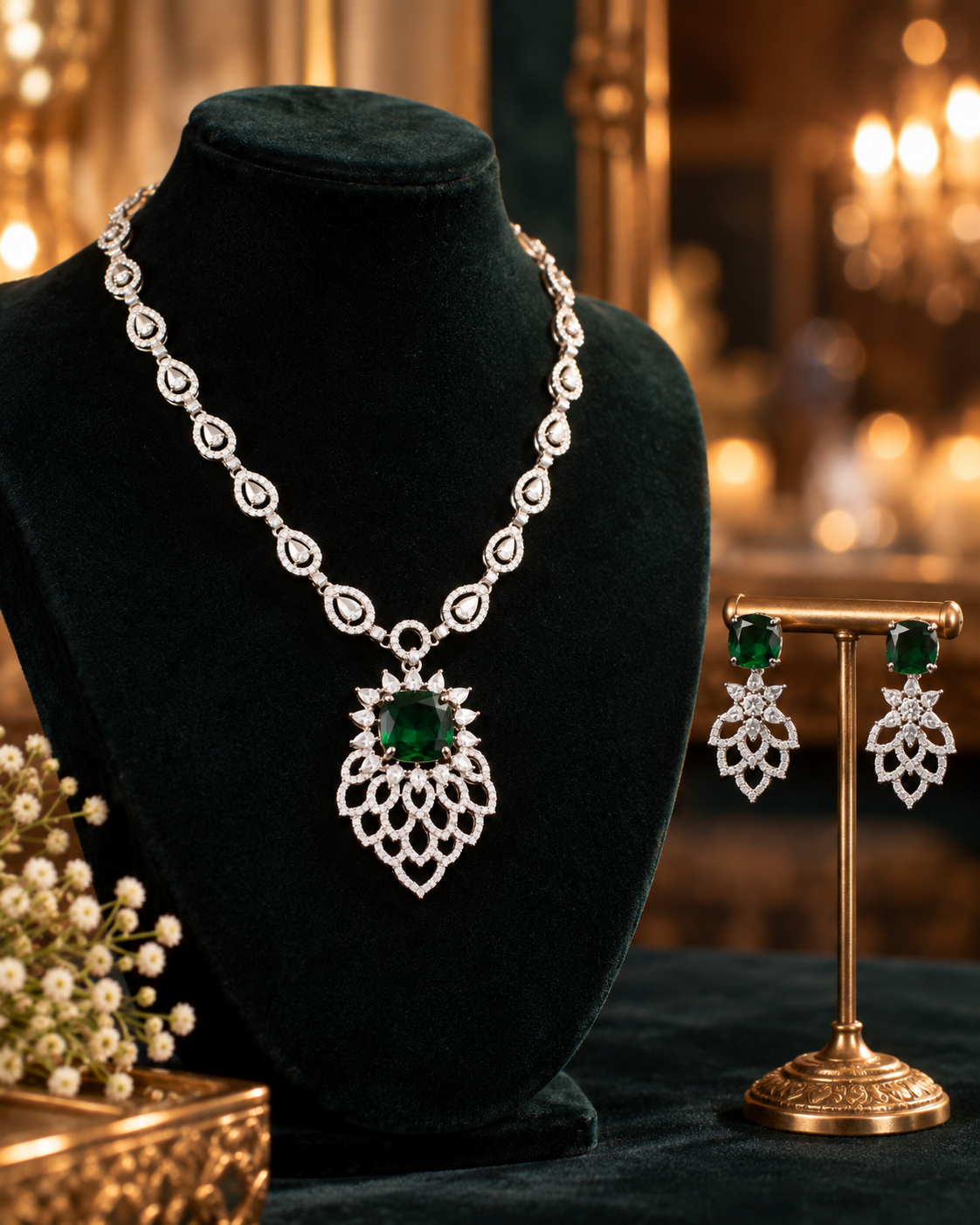 Emerald Lotus Halo Necklace Set