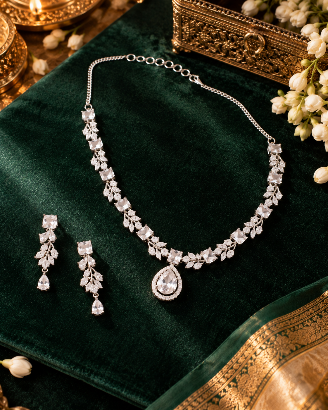 Clear Square Leaf Necklace Set