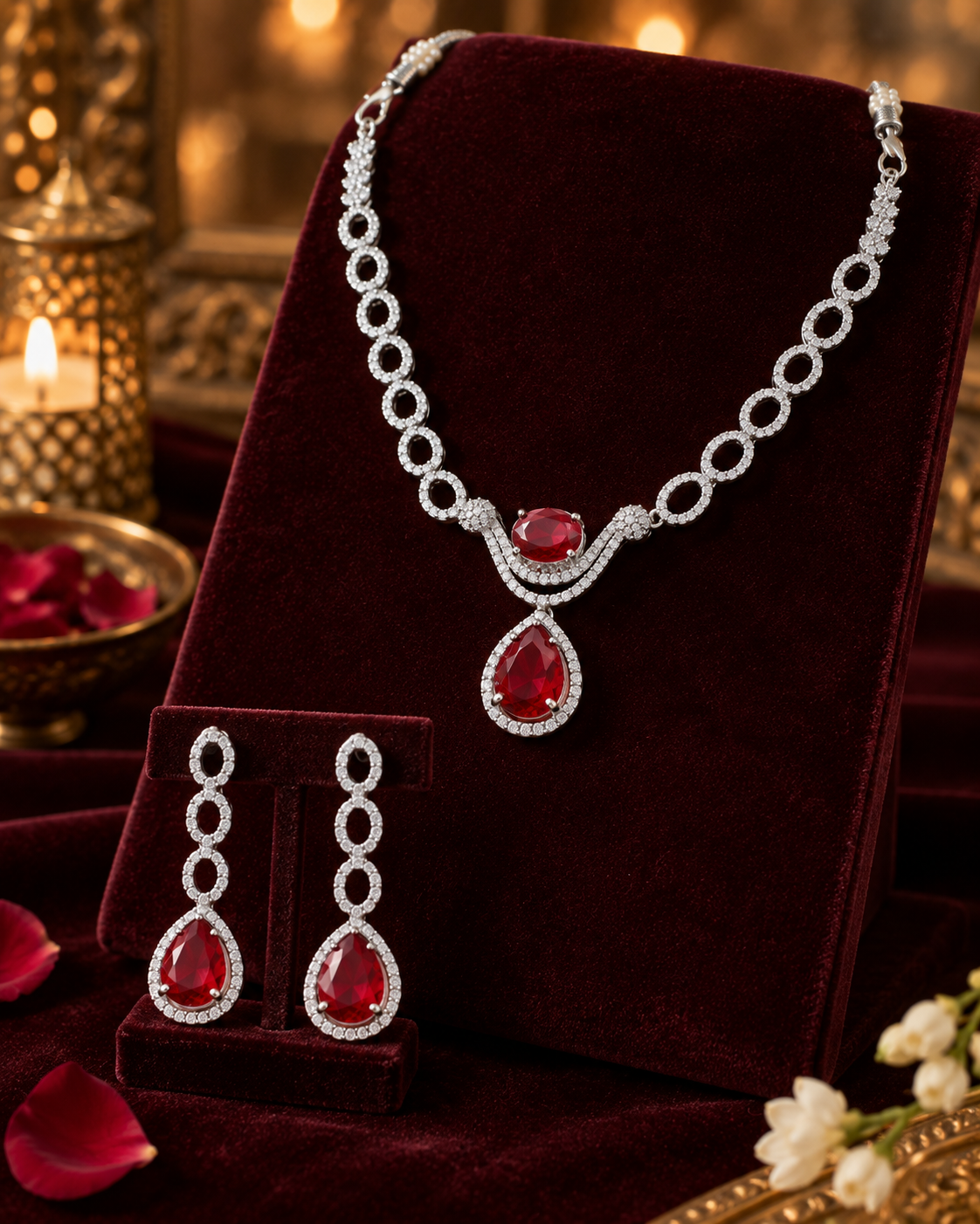Pink Rectangle Halo Necklace Set