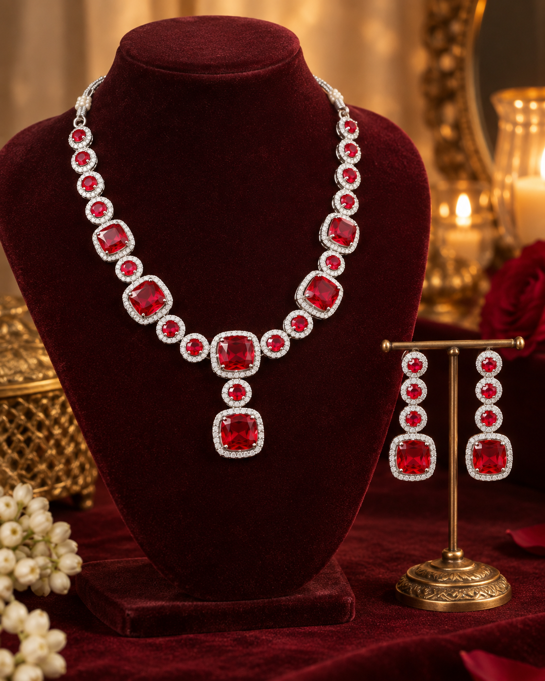 Ruby Cushion Cluster Necklace Set