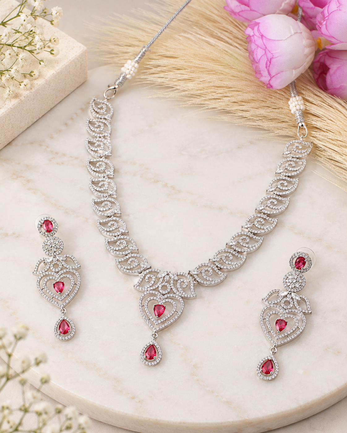 Pink Heart Trio Necklace Set