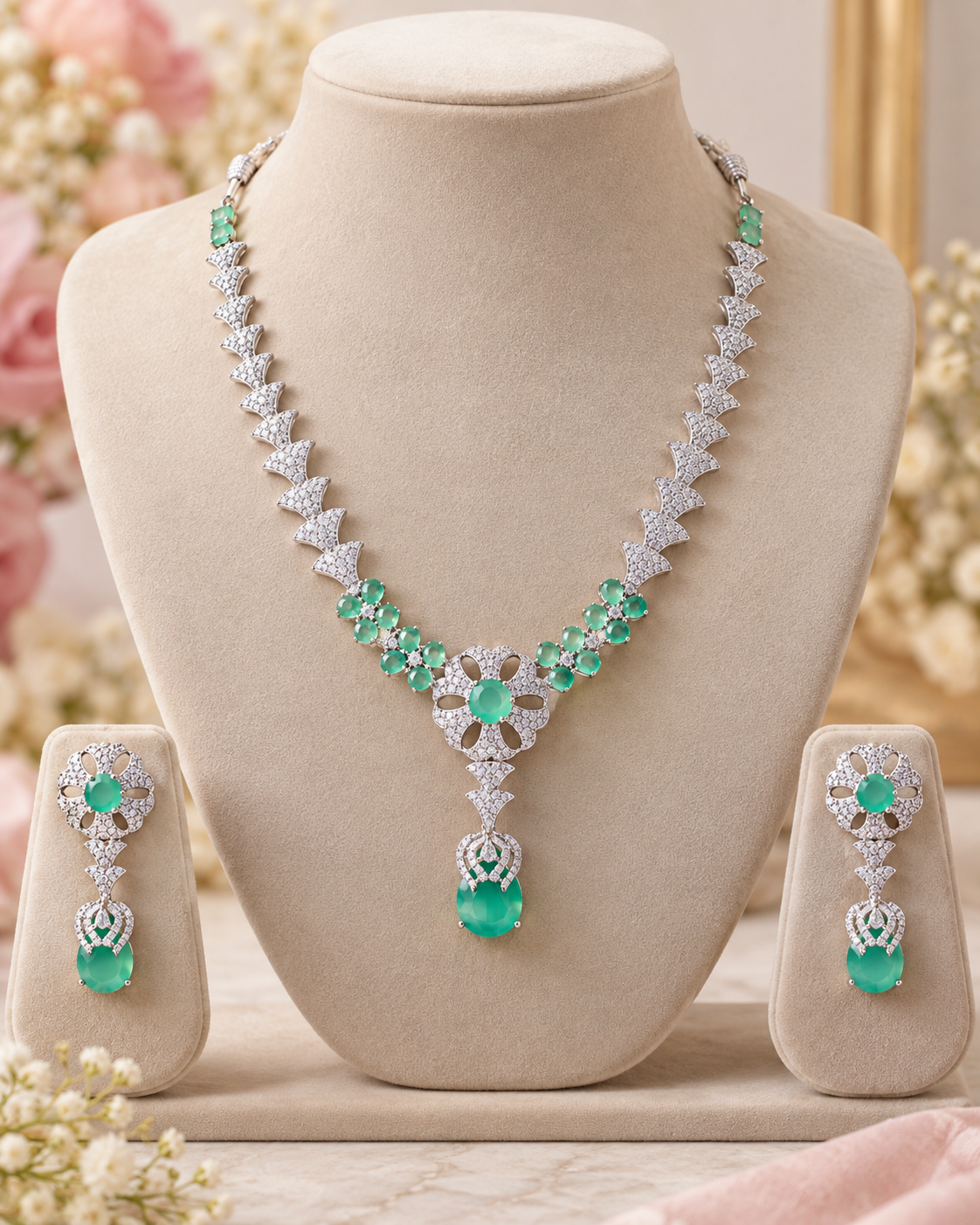 Emerald Fan Floral Necklace Set