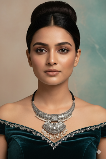 German Silver Oxidised Engraved Necklace (Only Necklace)