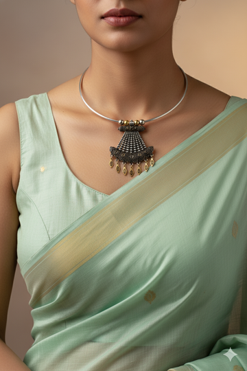 Dual Tone Oxidised German Silver Cone-Shaped Tribal Hansuli Necklace