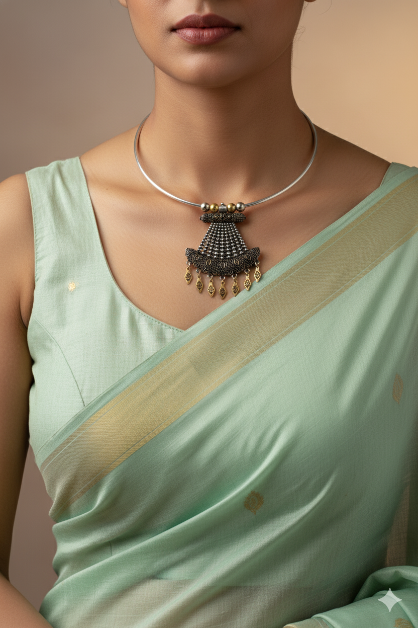 Dual Tone Oxidised German Silver Cone-Shaped Tribal Hansuli Necklace