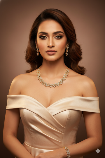 Golden Zigzag Floral AD Necklace Set