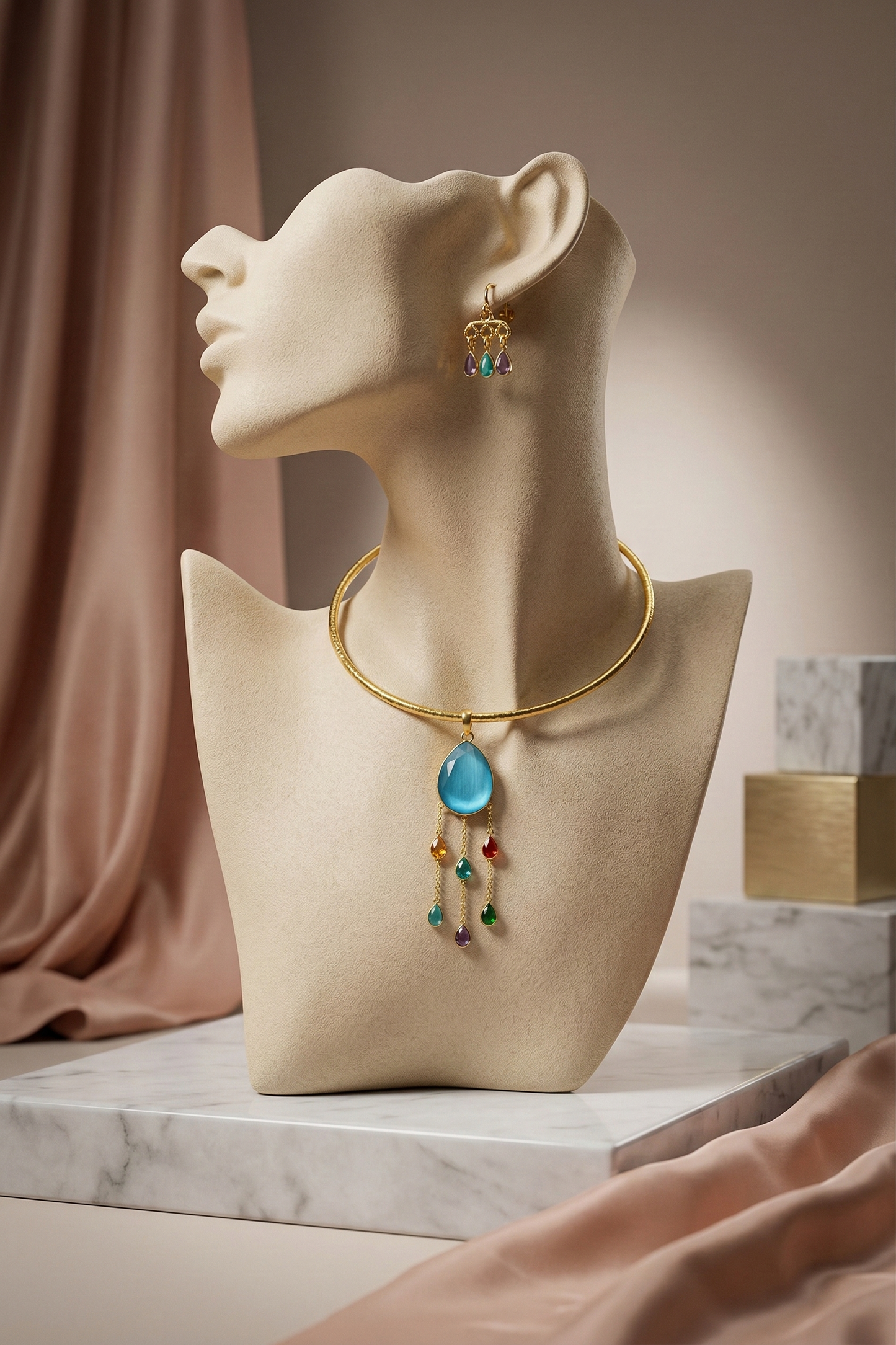 Hansuli Necklace with Blue Pendant & Multicolor Raindrop Dangles – Gold Plated Brass Statement Choker Set