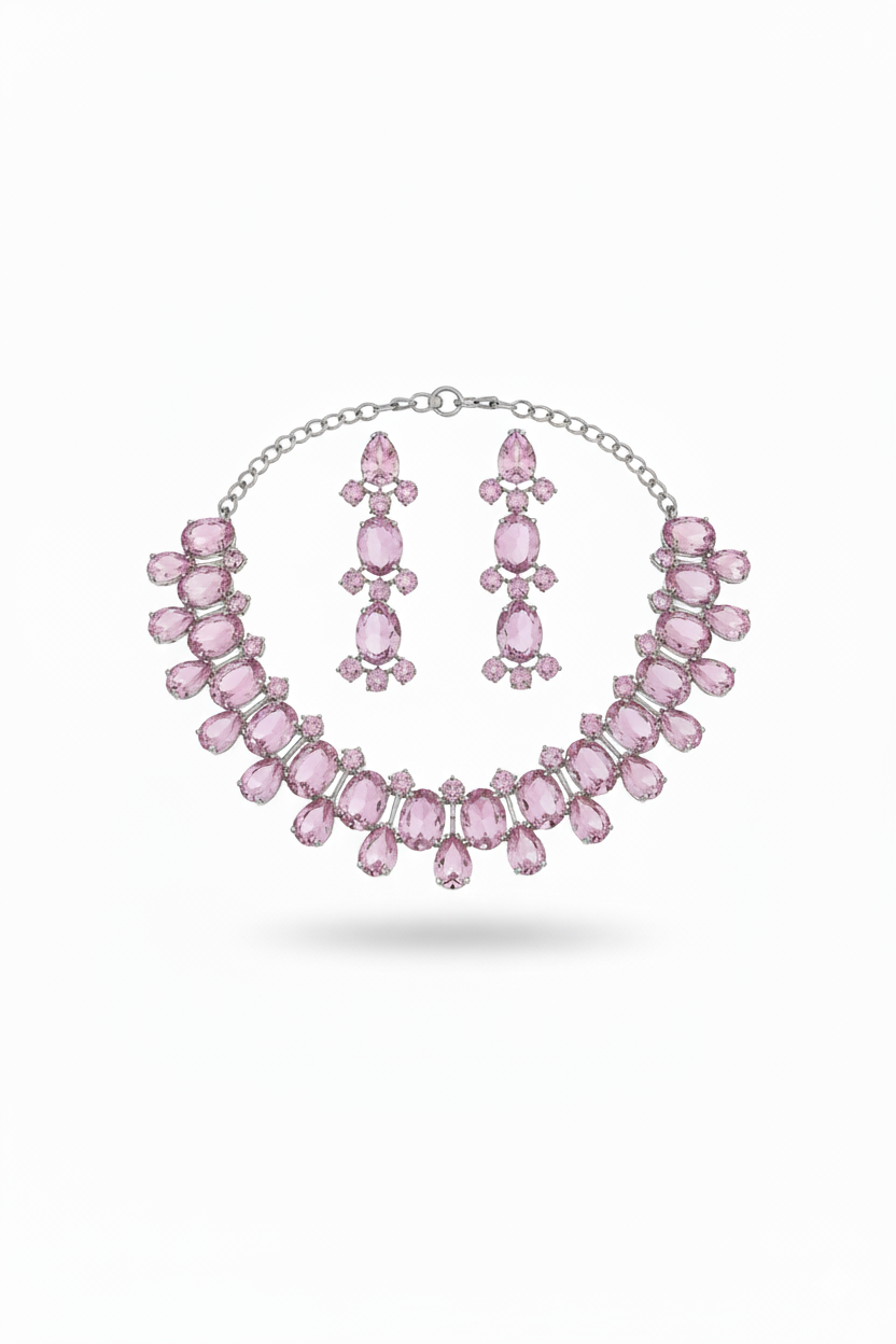 Korean Pink Oval Glass Stone Glass & AD Stone Necklace Set | Rhodium Plated Luxury Bridal Jewelry with Earrings