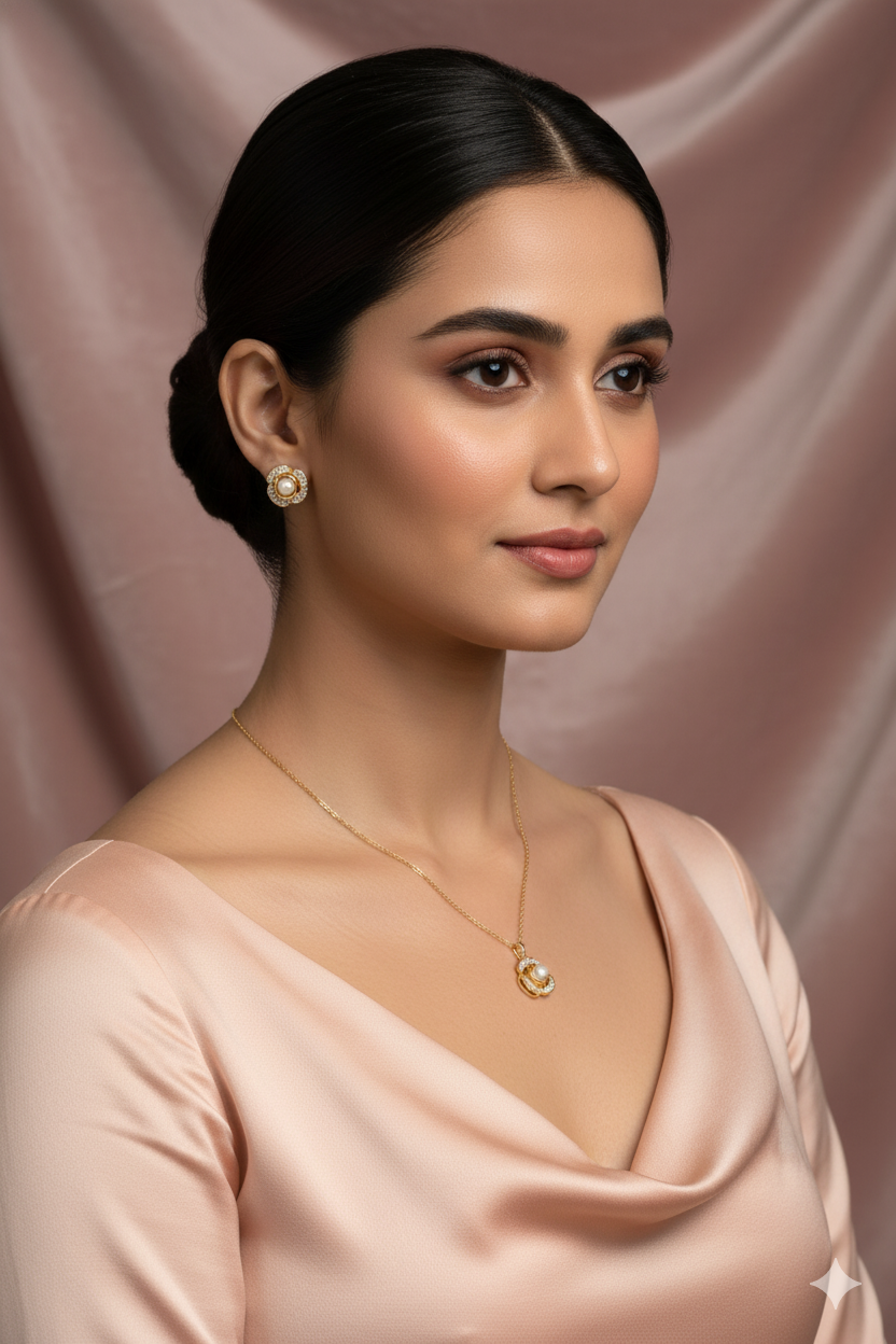 Classic Pearl Halo Pendant Set - Gold Plated with Crystals | Elegant Anti Tarnish Jewelry