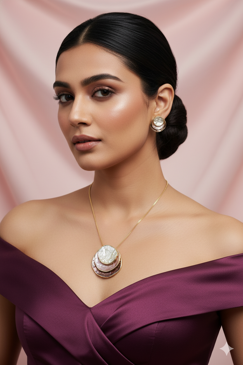 Layered Shell Circle Pendant Set - Pink & Silver Enamel | Luxury Anti-Tarnish Necklace & Earrings