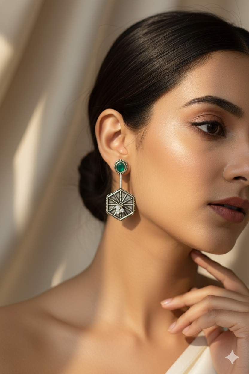 Hexa Sunburst Drop Earrings with Green Monalisa Stud | Oxidised