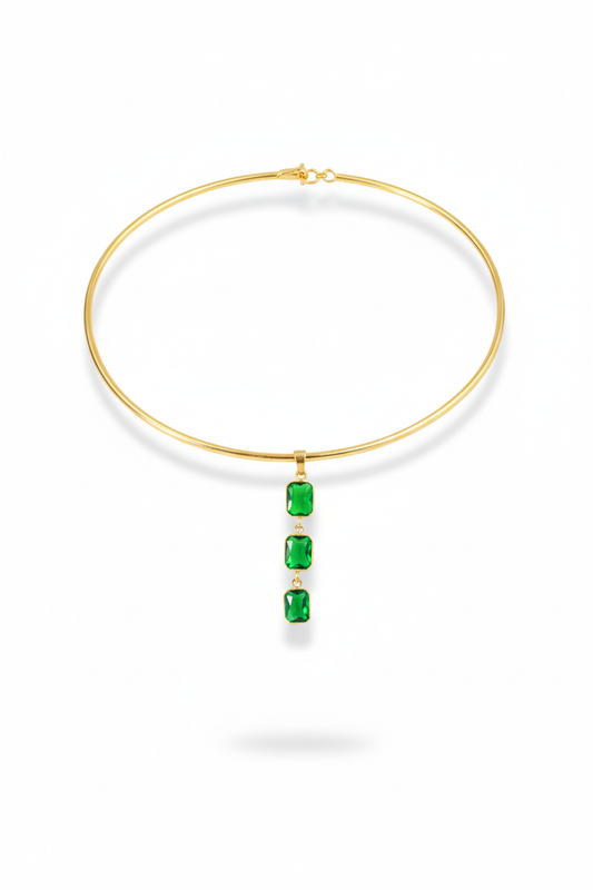 Hansuli Necklace with Triple Green Rectangle Pendant | Brass Anti Tarnish | Lightweight