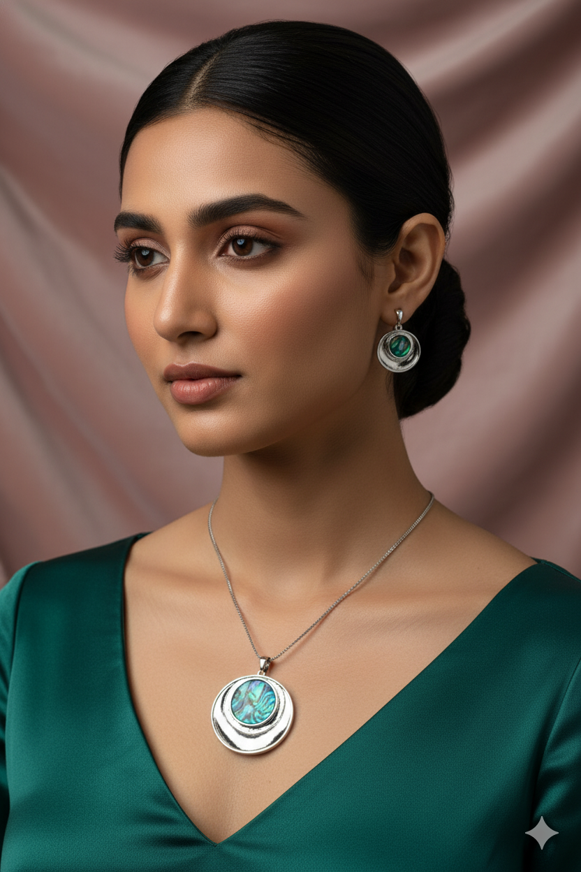 Round Green Shell Pendant Set - Silver Plated Green Abalone Jewelry | Long Lasting Shine