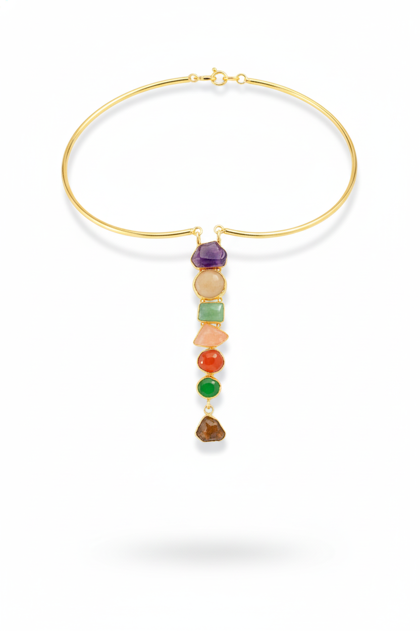 Hansuli Necklace with Vertical Multicolor Bar Pendant | Brass Anti Tarnish | Lightweight