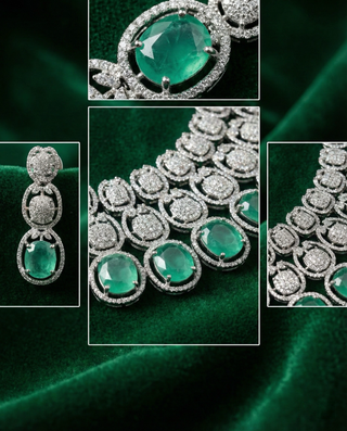 Mint Green Cushion Cut Heavy Necklace Set with Crystal Layers | Wedding Jewellery