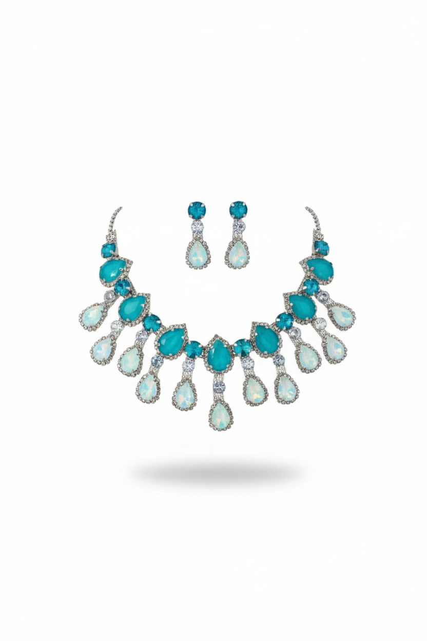 Aqua Blue Korean Glass Stone Jewelry Necklace Set | Rhodium Plated Statement Jewelry with Earrings