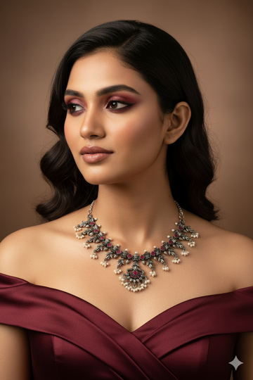 Antique Maroon Floral Drop Necklace for Ethnic Wear