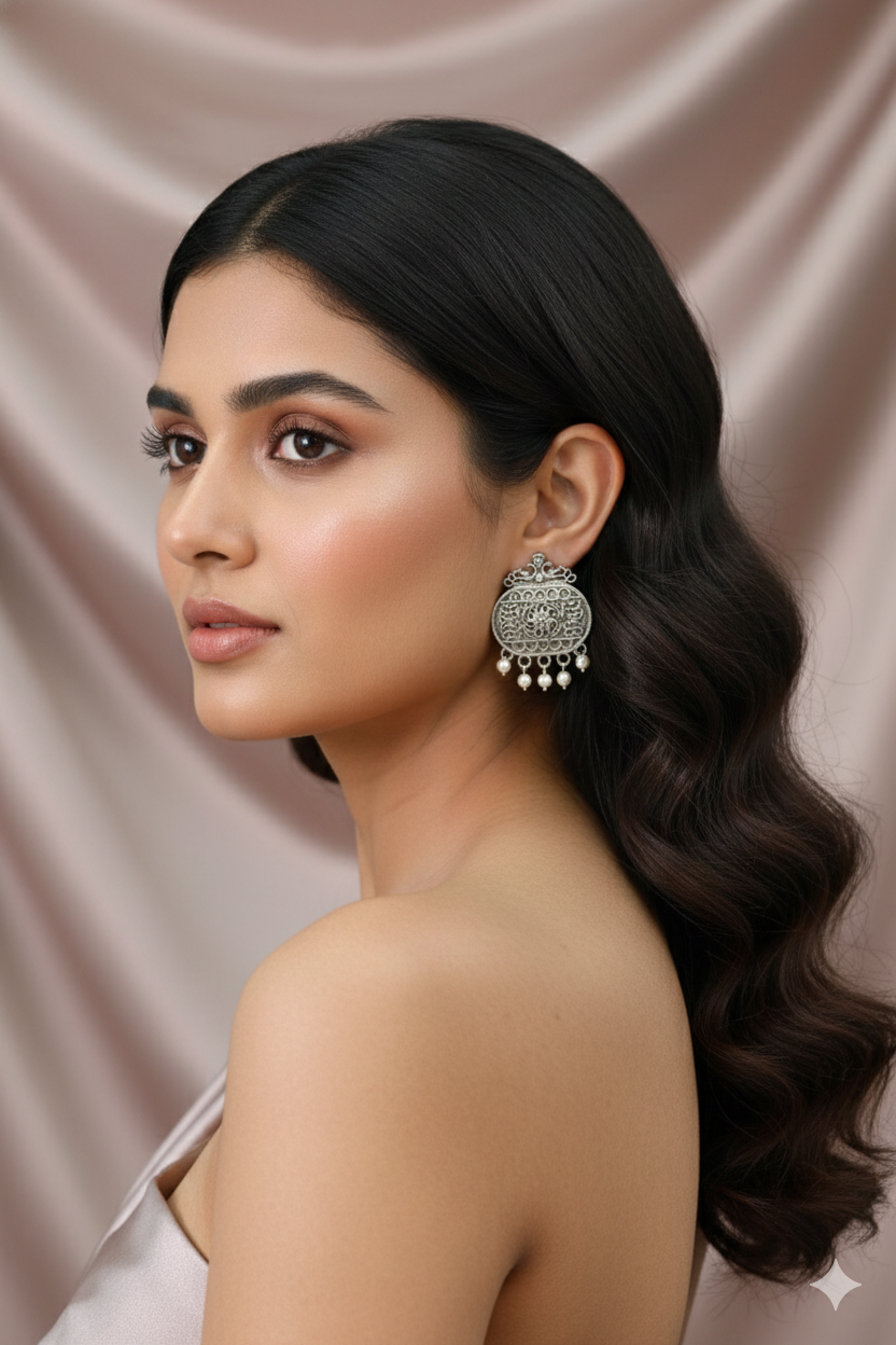 Oxidised German Silver Antique Oval Stud Earrings with Pearl Drops