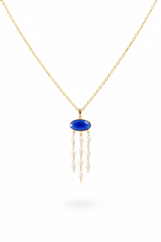Blue Stone & Pearl Tassel Chain Pendant | Natural Stones, Gold-Plated Brass