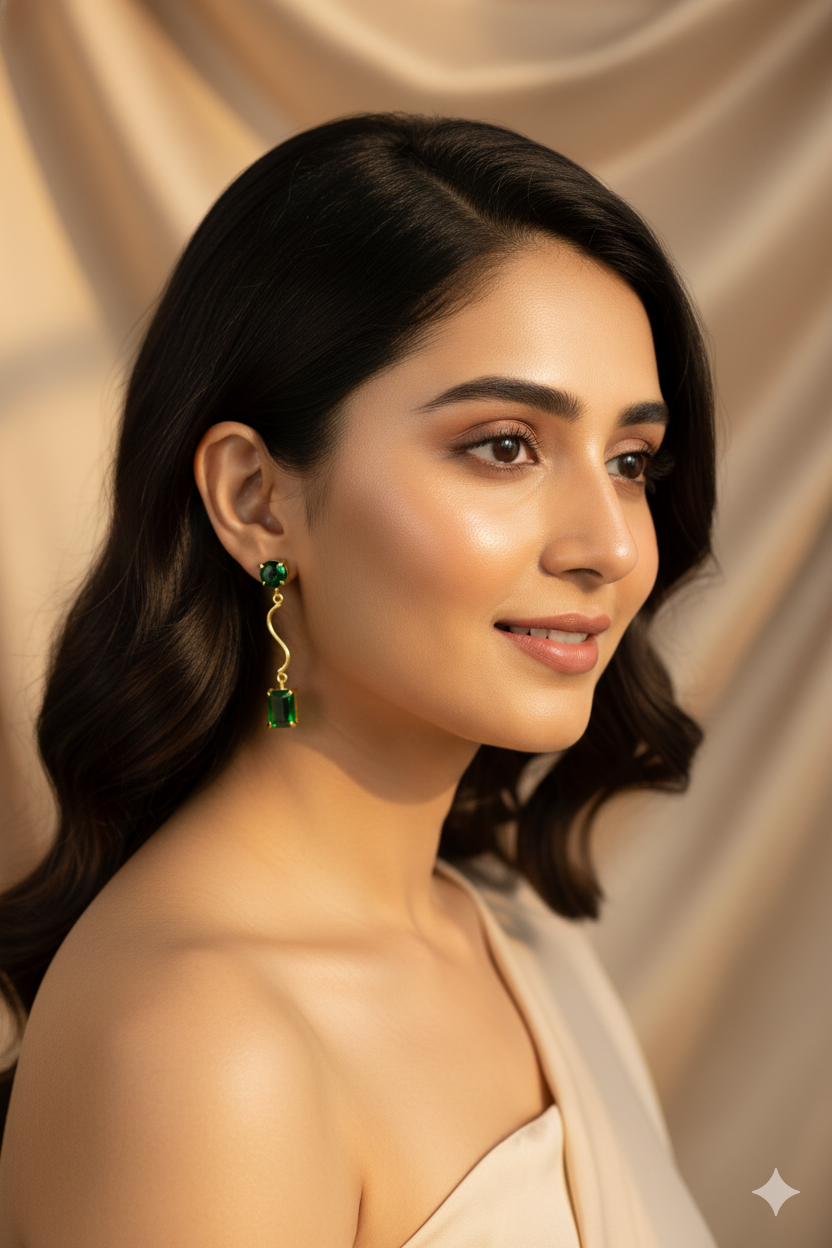 Wavy Bar Drop Earrings with Emerald‑Green Stone | Natural Stone, Gold‑Plated Brass