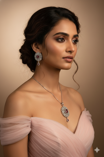 Vintage Ruby Pendant AD Necklace Set