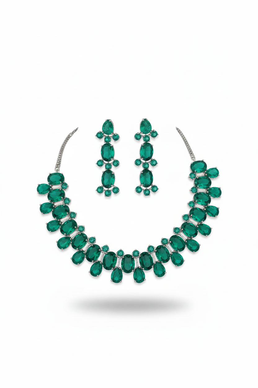 Emerald Green Korean Glass Stone Jewelry Necklace Set | Rhodium Plated Wedding & Party Jewelry with Earrings