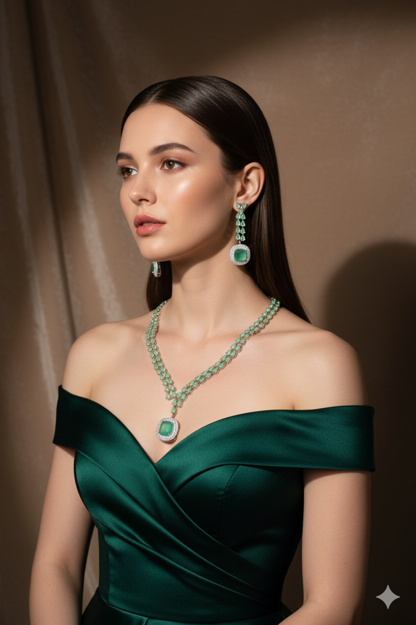 Korean Glass Stone Jewelry Necklace Set Green | Rhodium Plated Jewelry with Earrings