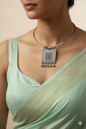 Oxidised German Silver Hansli Necklace with Square Tribal Pendant | Boho Statement Jewellery