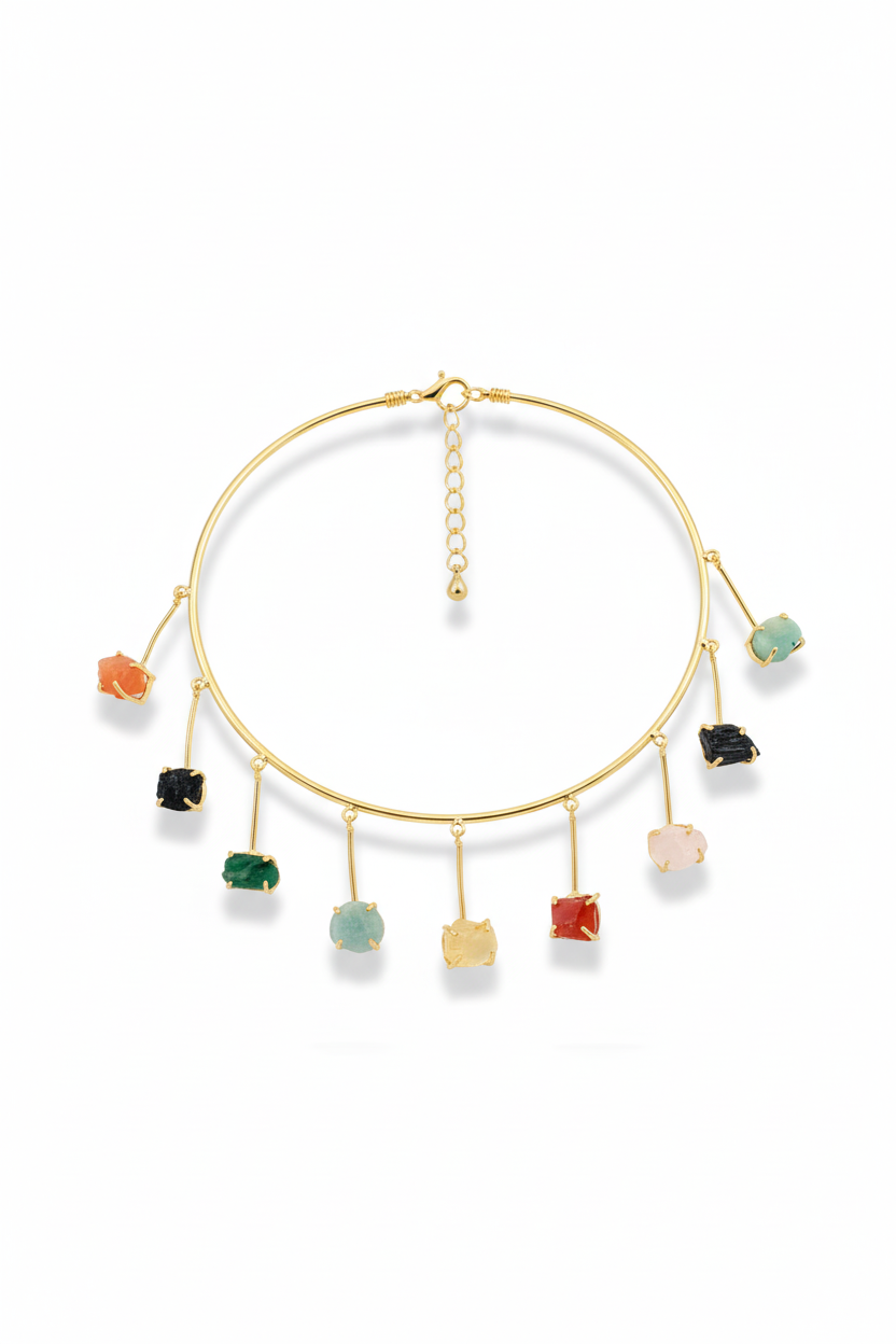 Hansuli Style Necklace with Natural Stones | Brass Anti Tarnish | Lightweight