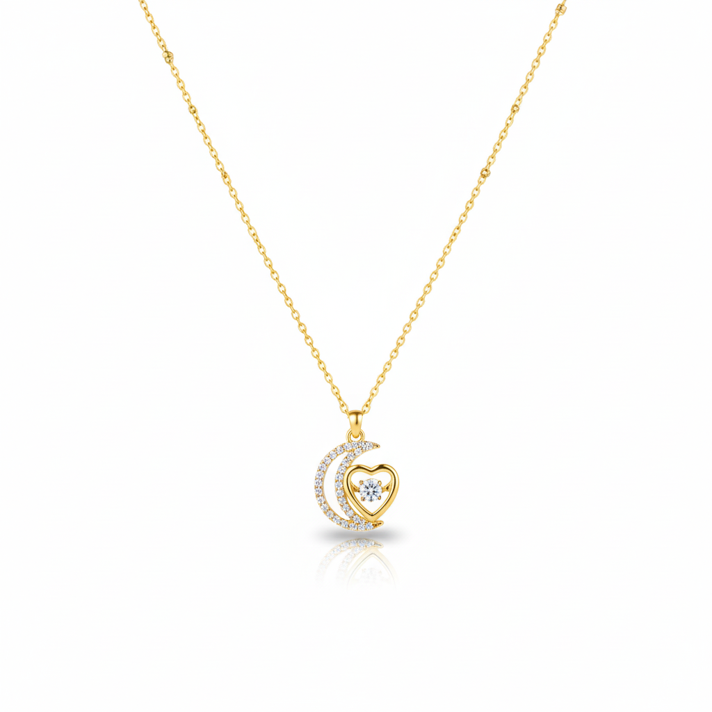 Moon & Heart Pendant Necklace – Gold Plated with CZ Stones