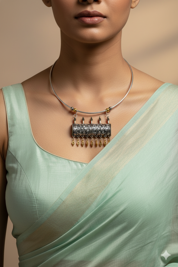 Dual Tone Oxidised German Silver Cylindrical Carved Hansuli Necklace