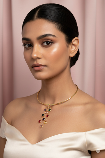 Hansuli Necklace with Triple-Chain Gem Pendant | Brass Anti Tarnish | Lightweight