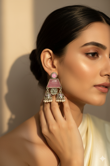 Pink Monalisa Trapeze Jhumka Oxidised Earrings with Twin Bells & Pearls