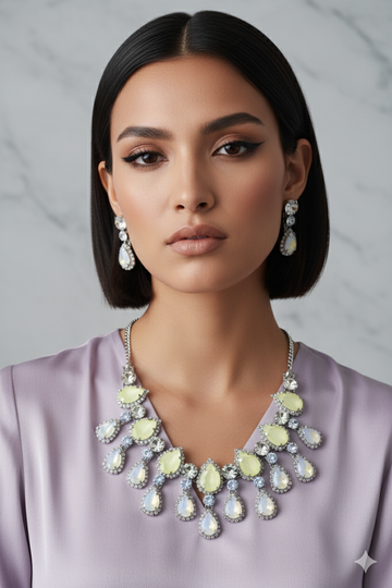 Korean Lemon Yellow Glass Stone Jewelry Necklace Set | Rhodium Plated Fashion Jewelry with Earrings