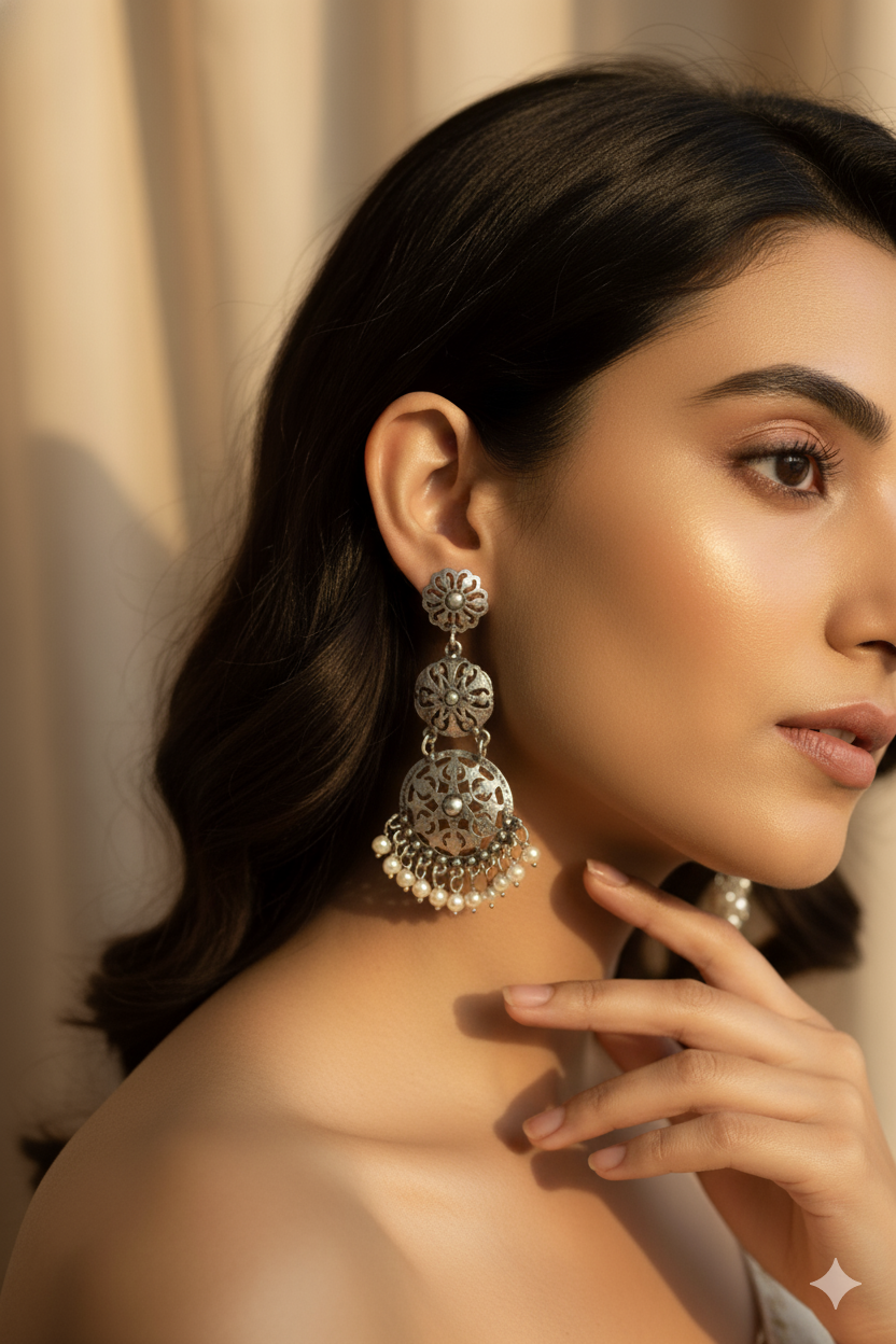 Filigree Pearl Drop German Silver Earrings – Antique Oxidised Look