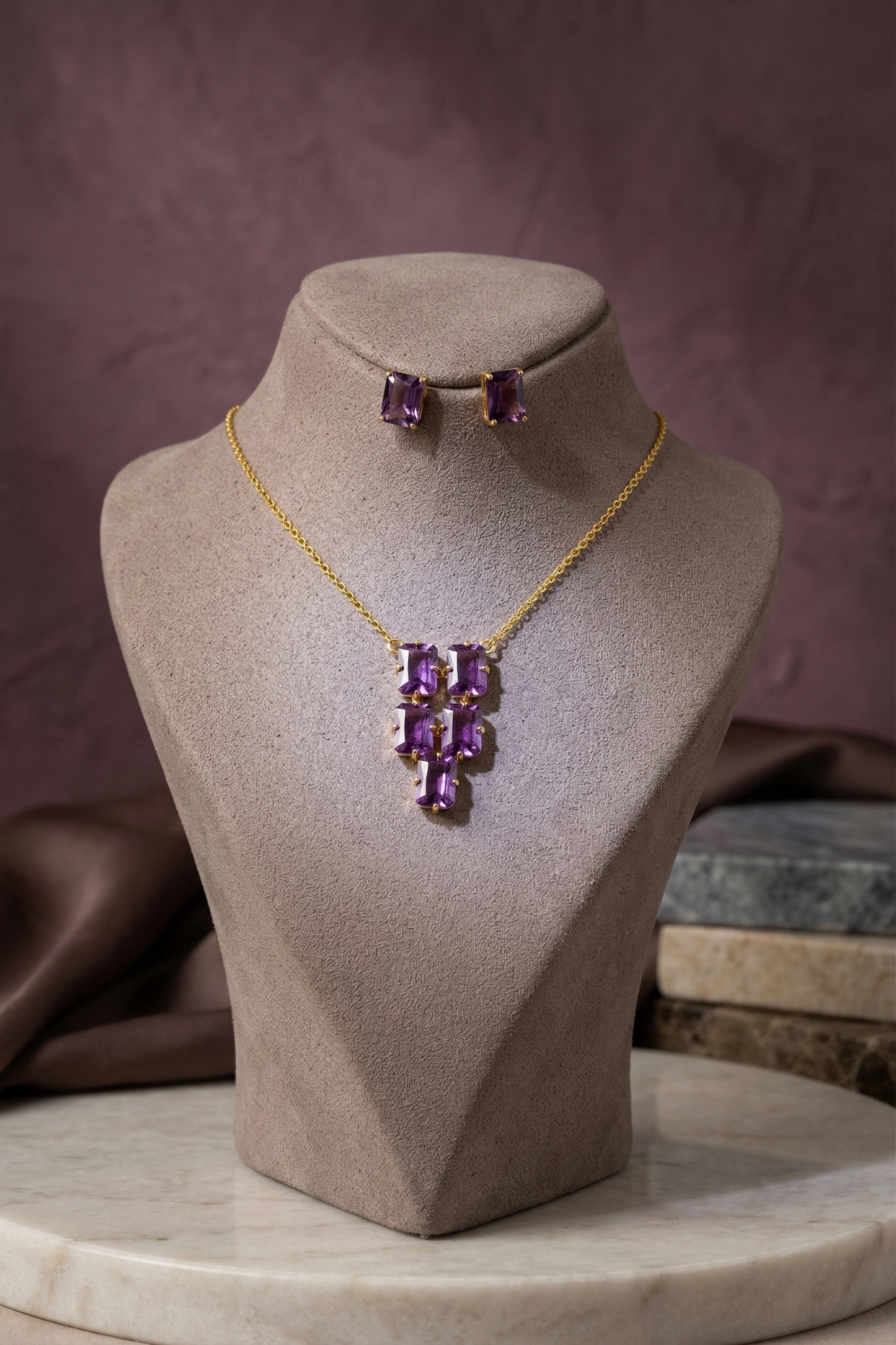 Amethyst Purple Natural Stone Cluster Statement Necklace Set – Gold Plated Brass Party Jewelry