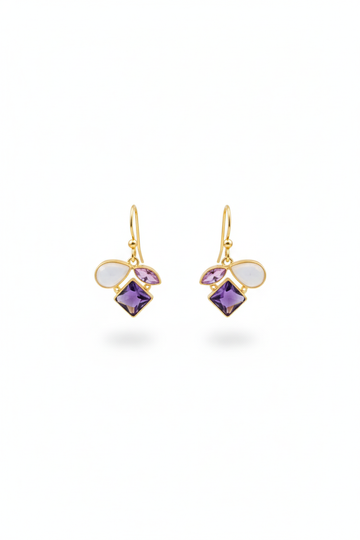 Amethyst Cluster Earrings with Champagne & Blush Petals | Natural Stones, Gold‑Plated Brass