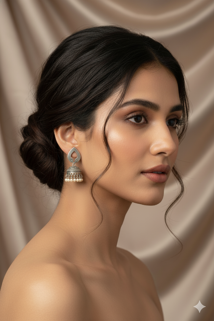 Oxidised German Silver Jhumka Earrings with Pearl Drops