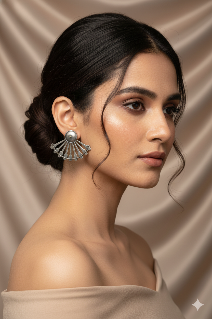 Oxidised German Silver Geometric Fan Earrings