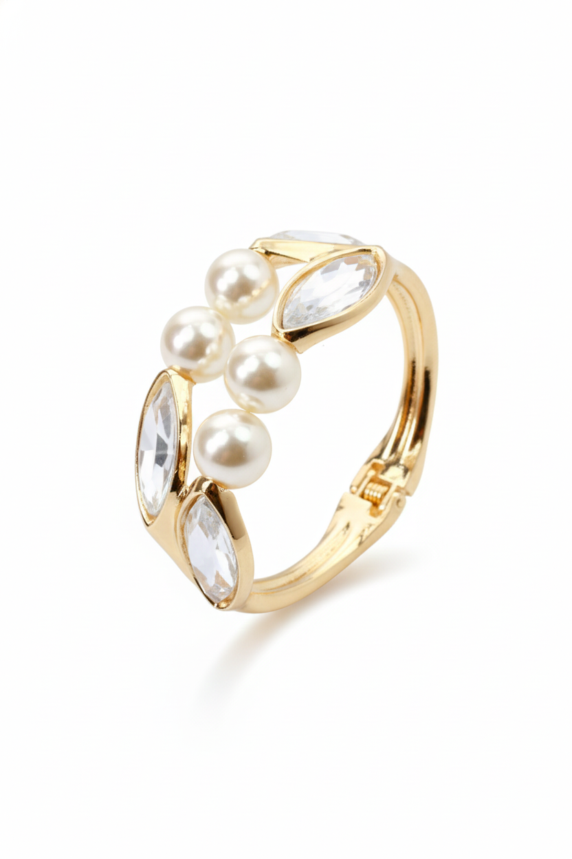 Anti-Tarnish Stainless Steel Bracelet — Gold Pearls & Marquise Crystal Cuff