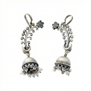 Floral Curve Oxidised German Silver Ear Cuff with Pearl Jhumka | Long Ethnic Ear Cuff