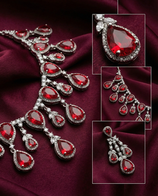 Ruby Red Teardrop Statement Necklace Set with Crystal Halo | Bridal Jewellery