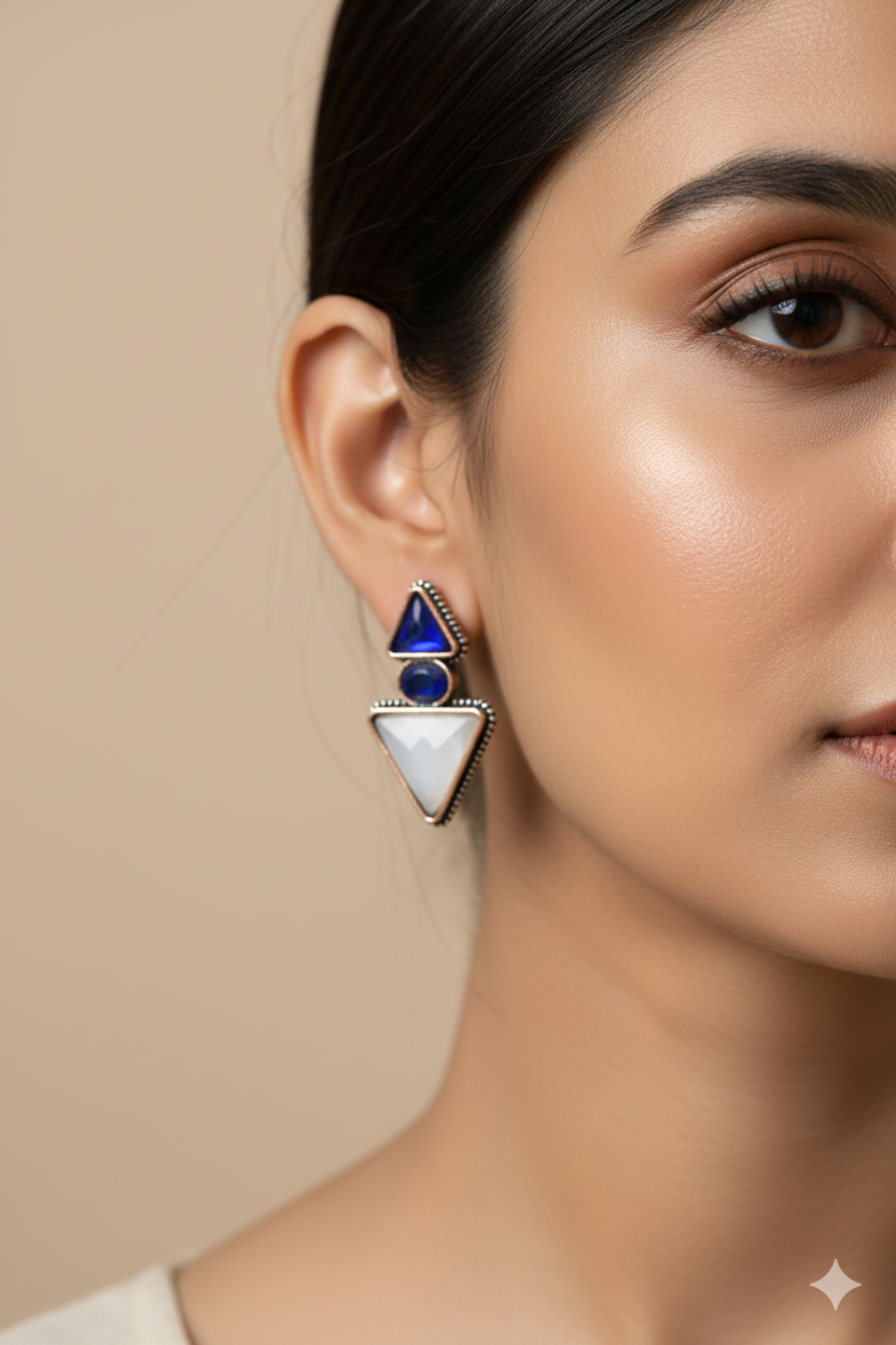 Geometric Blue & White Monalisa German Silver Oxidised Stud Earrings