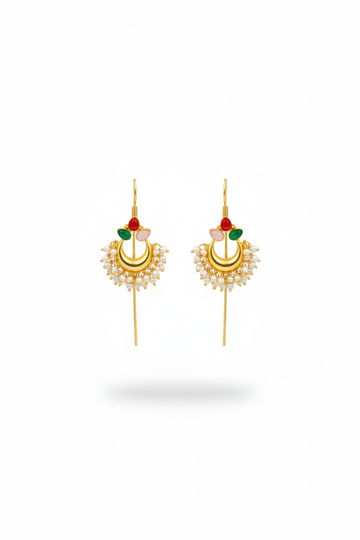 Traditional Bugadi Earring with Pearl Fringe & Multicolor Floral Stones | Brass Anti Tarnish | Lightweight