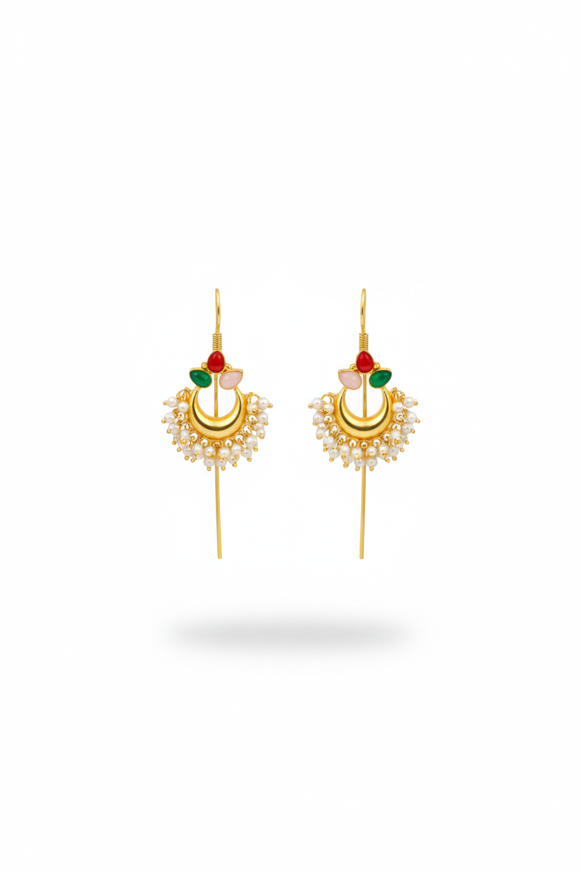 Traditional Bugadi Earring with Pearl Fringe & Multicolor Floral Stones | Brass Anti Tarnish | Lightweight
