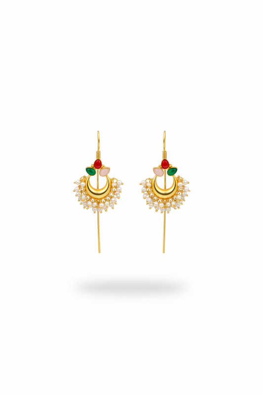 Traditional Bugadi Earring with Pearl Fringe & Multicolor Floral Stones | Brass Anti Tarnish | Lightweight