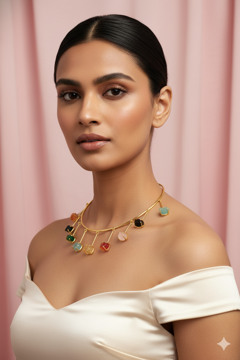 Hansuli Style Necklace with Natural Stones | Brass Anti Tarnish | Lightweight