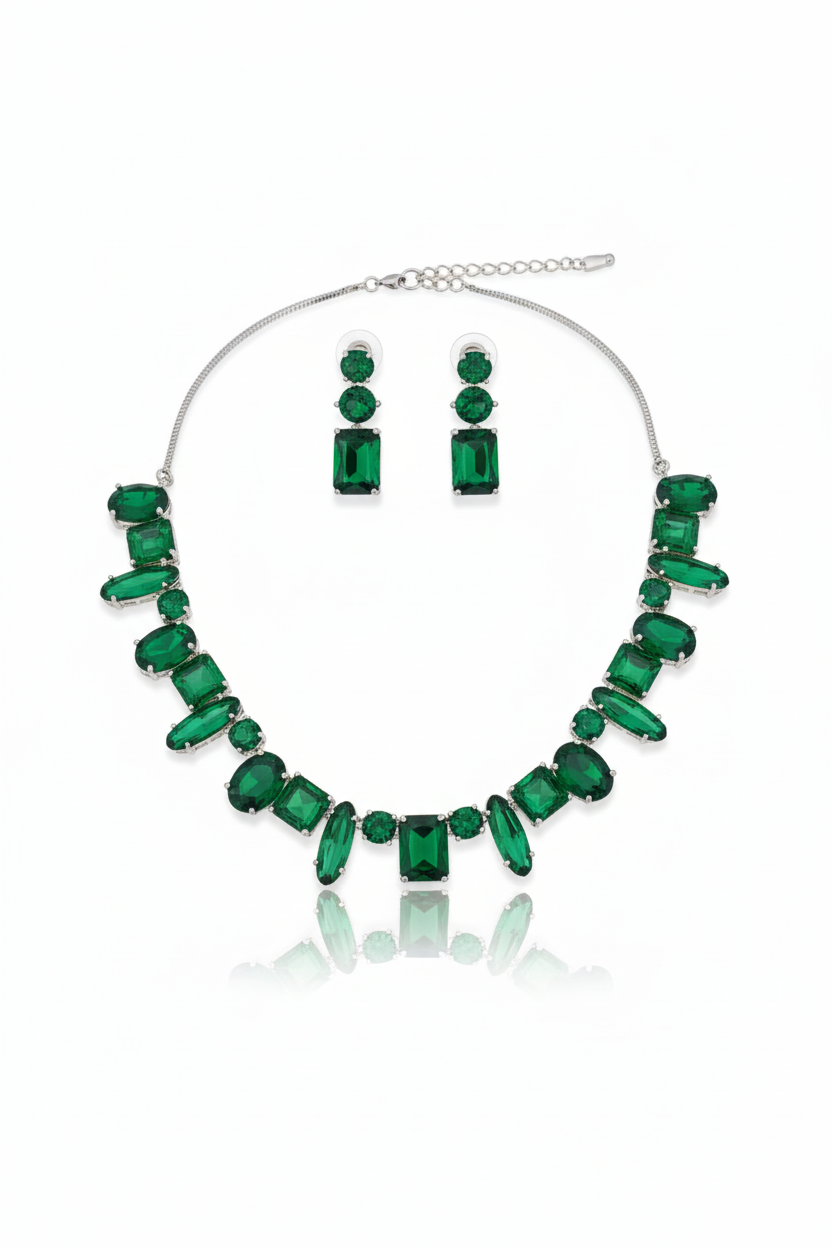 Korean Green Glass Stone Jewelry Necklace Set | Rhodium Plated Party & Bridal Jewelry with Earrings